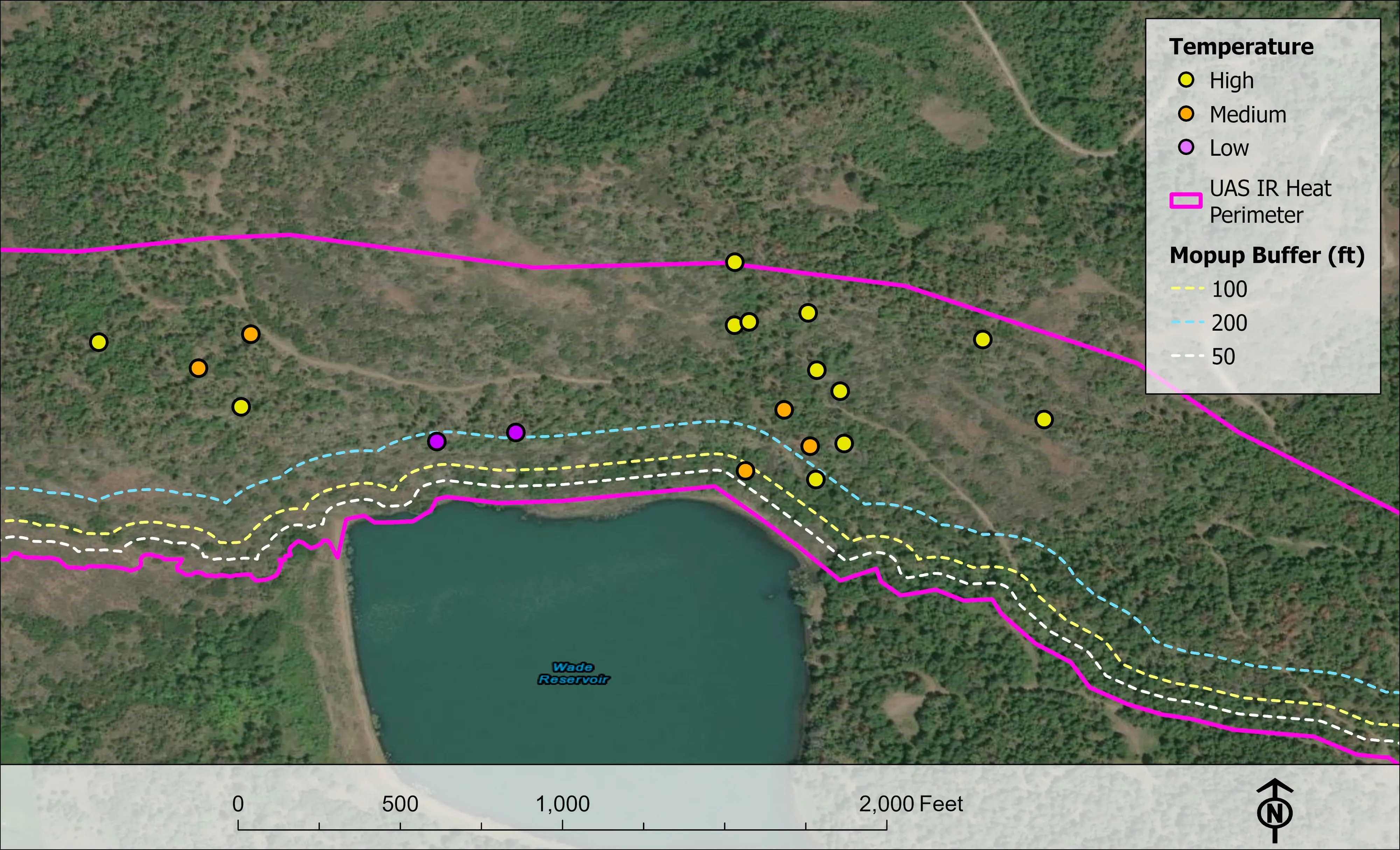 Infrared heat map over a lake and forest: heat perimeter, isolated heat points classed by temperature, and 50, 100, and 200 foot mopup buffers.
